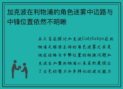 加克波在利物浦的角色迷雾中边路与中锋位置依然不明晰 加克波在利物浦的角色迷雾中边路与中锋位置依然不明晰